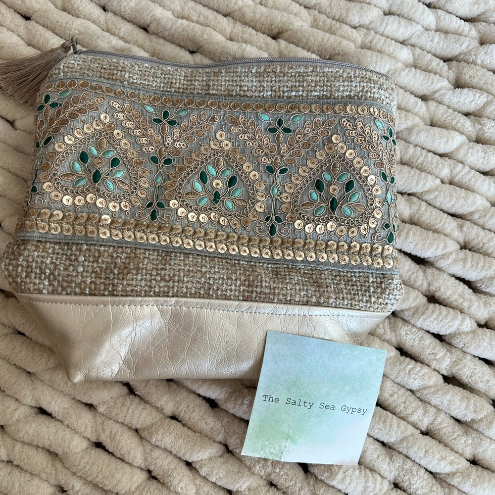 Embroidered Beige and Teal Pouch